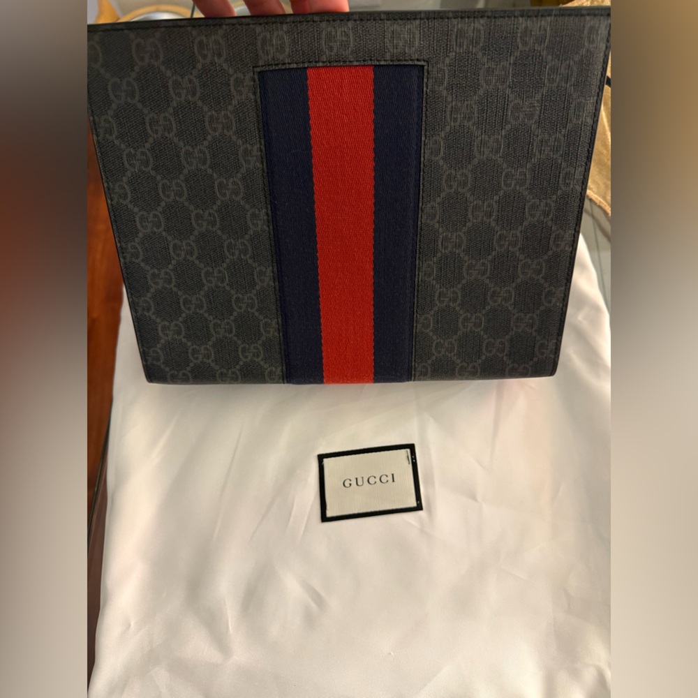 Gucci Men's Gray Briefcase with Red and Blue Stripe